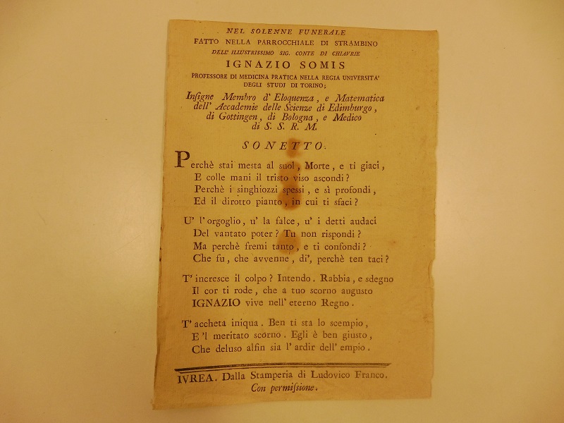 Nel solenne funerale fatto nella parrocchiale di Strambino dell'illustrissimo sig. conte di Chiavrie Ignazio Somis professore di medicina pratica nella Regia Università degli Studi di Torino...